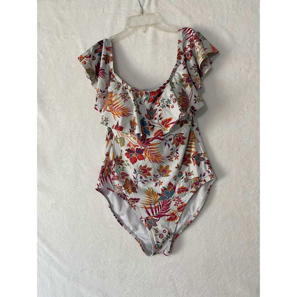 Lauren Ralph Lauren Womens Floral Ruffle One Piece Swimsuit White Multi Size 12